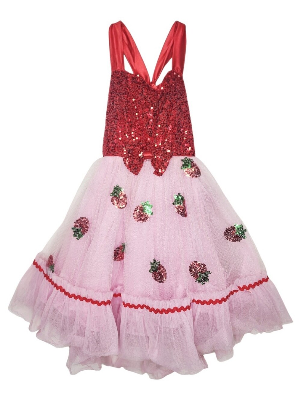 Girls Strawberry Sequin Tulle Party Dress Pink & Red Bow Twirl Dress Sz 4T